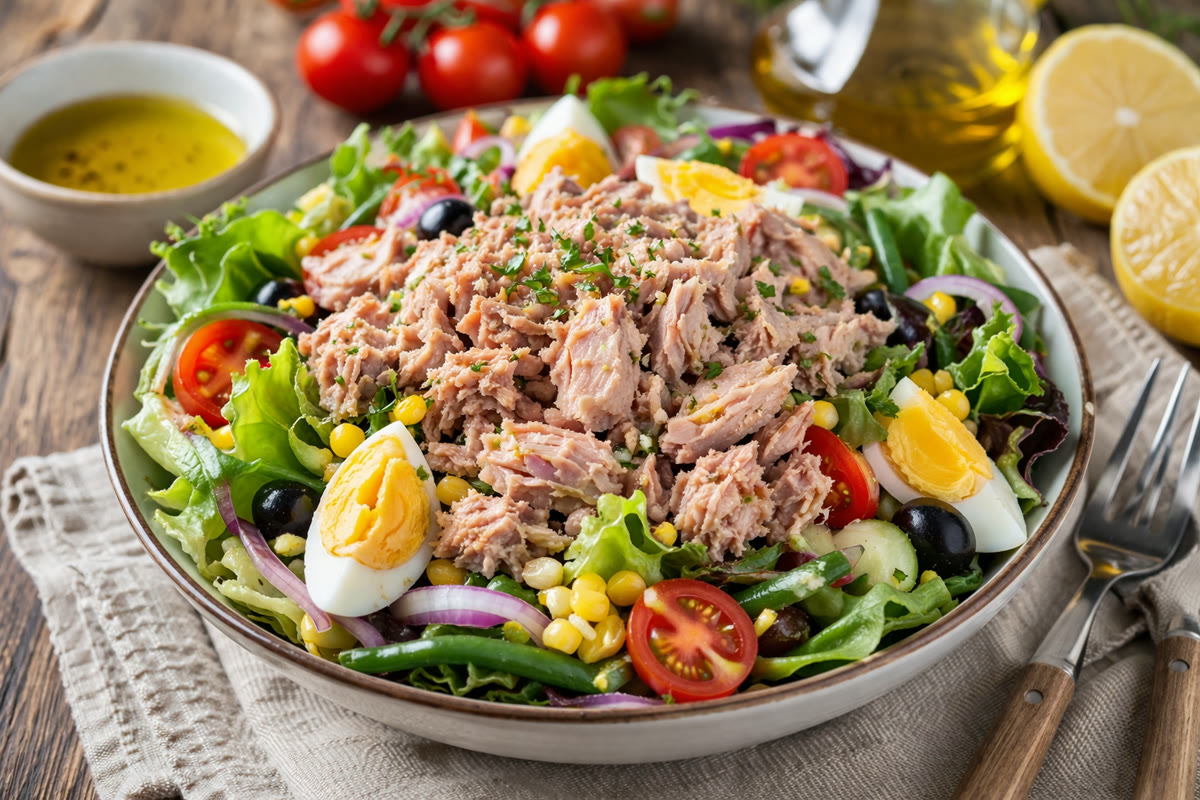 Salade met tonijn, ei, olijven en verse groenten