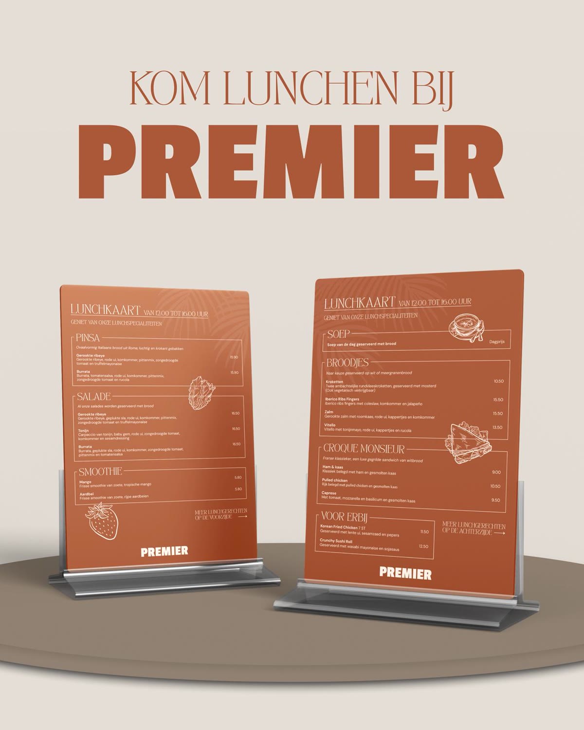 De lunchkaart van Premier klaargezet op tafel
