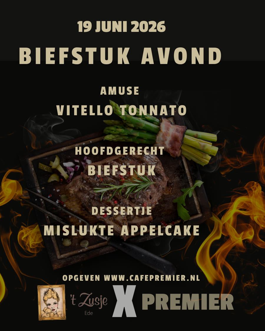 Affiche van de biefstukavond met driegangenmenu